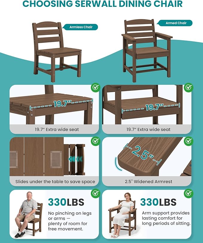 SERWALL HDPE Dining Set for 6: 1 Umbrella Hole Table, 4 Armless + 2 Armchairs. - Image 7