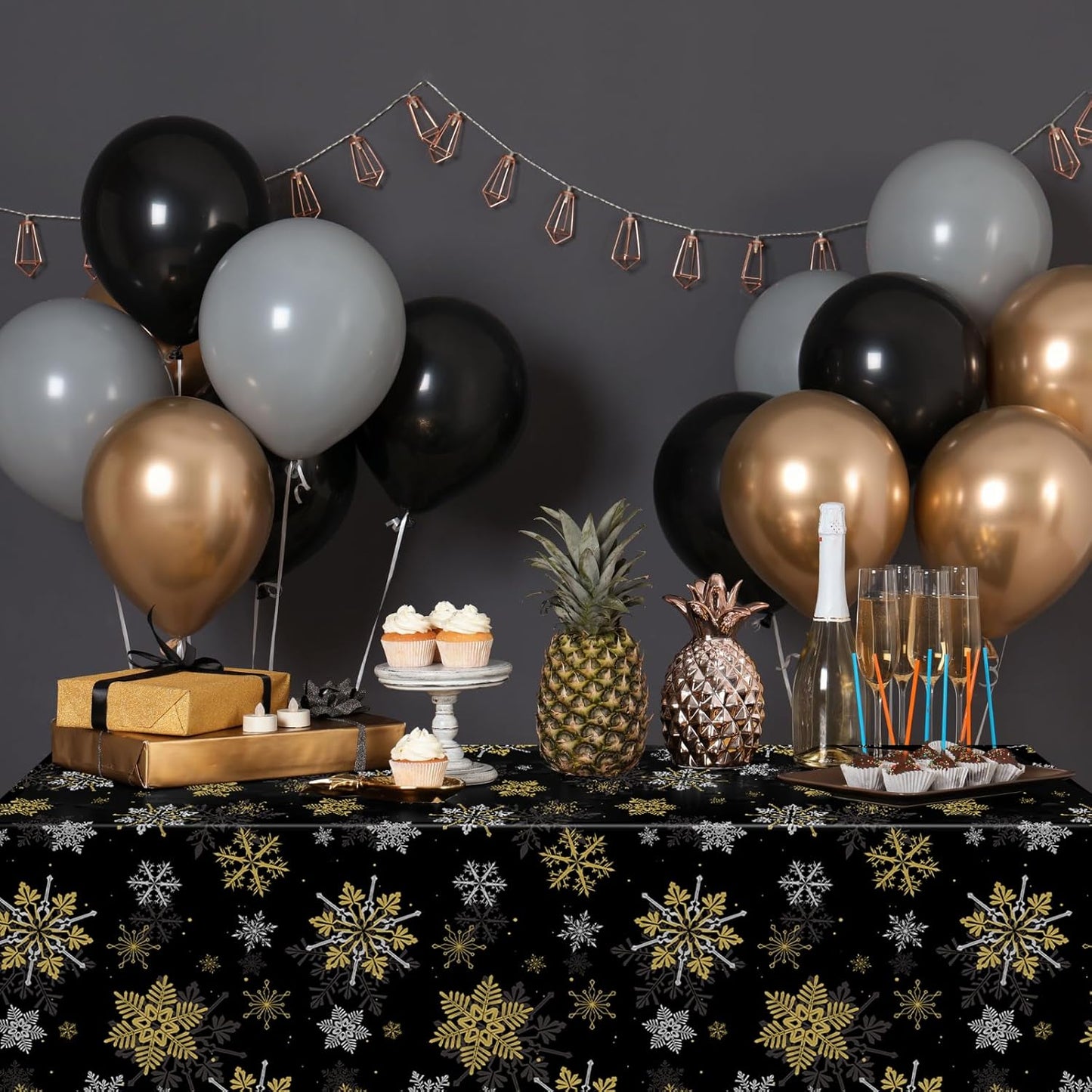 6Pcs Christmas Snowflake Party Tablecloths Decorations,Plastic Black and Gold Table Cloth,Winter Rectangle Table Cover for Christmas New Year Birthday Baby Shower Holiday Party Decorations,54x108 inch