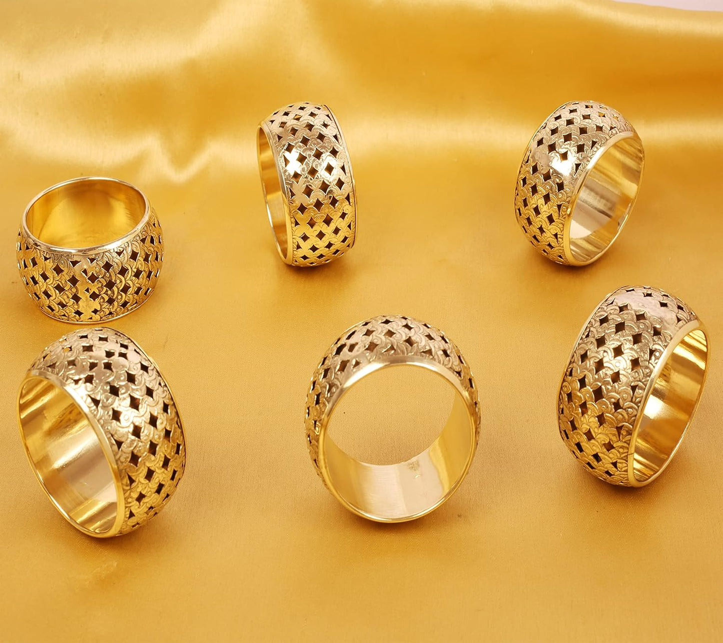 Brass Base Handcrafted Beautiful Hand Cut Mesh Work Large Size Party Dining Table Napkin Holders in Gold Tone. (Set of 6).