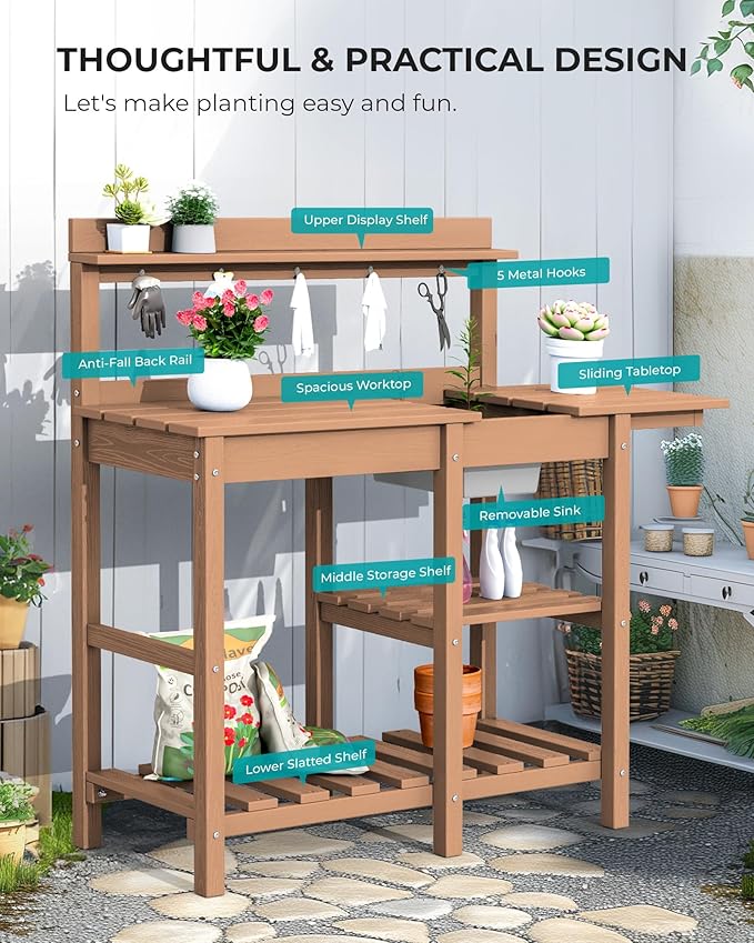 SERWALL Outdoor Potting Bench 2-Piece Set, Rot-Resistant HDPE Potting Table - Image 8