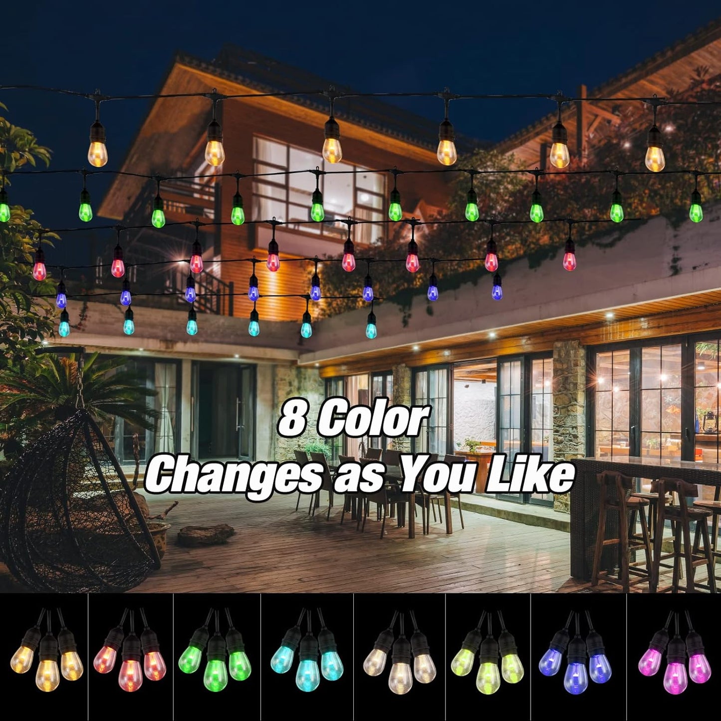 48FT RGB Outdoor String Lights, 15 Shatterproof Edison LED Bulbs, Waterproof Color Changing Patio Lights with Remote. Dimmable Decorative Lighting for Backyard, Camping.