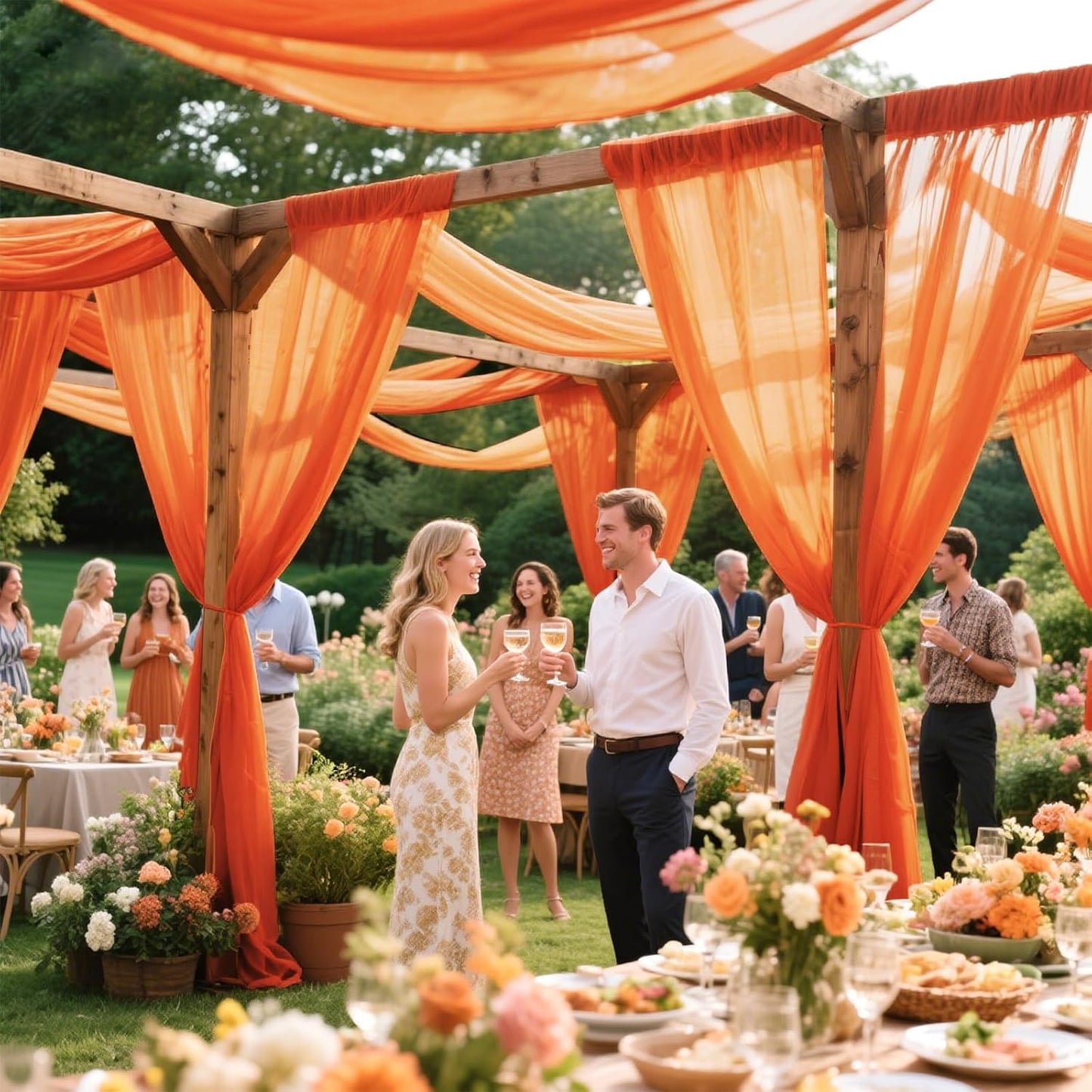 VOK Orange Wedding Arch Draping Fabric Chiffon Fabric, 29in x 18Ft Sheer Chiffon Outdoor Curtain for Wedding Ceremony Birthday Party Decoration (Orange,1 Panel)