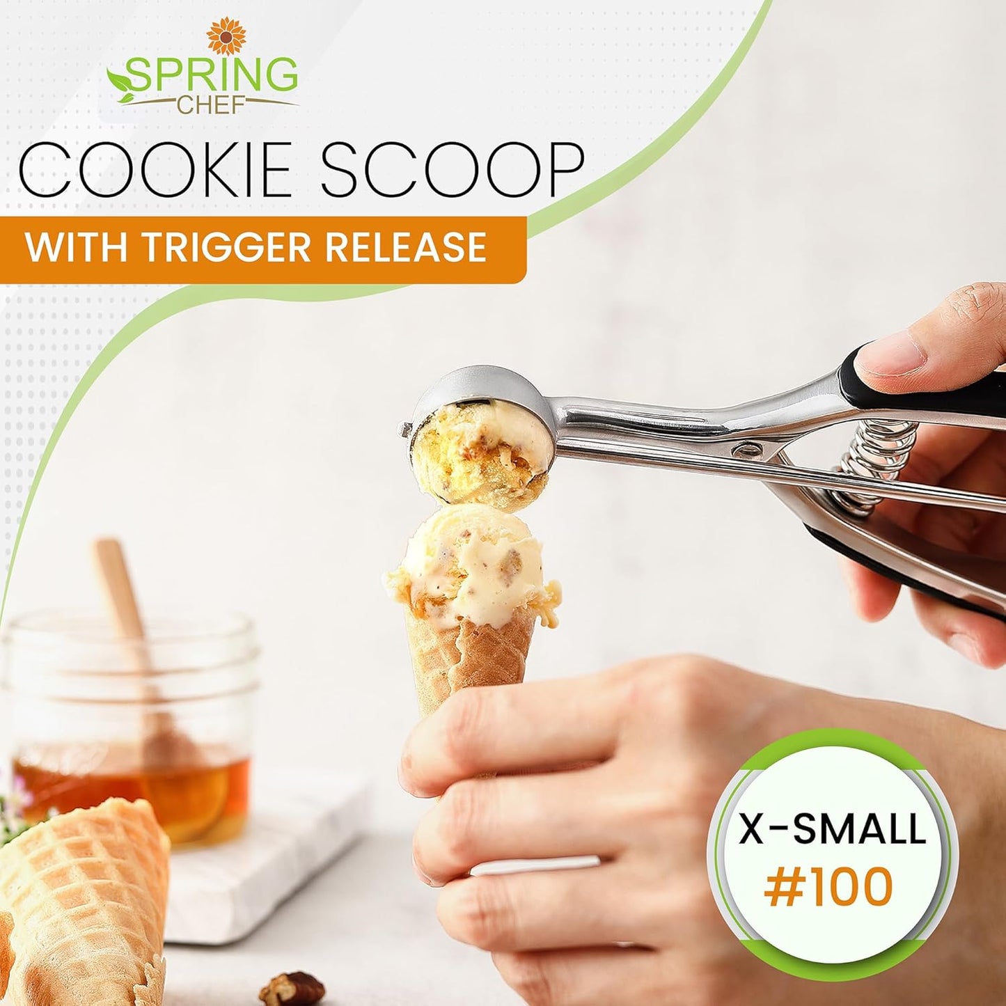 Spring Chef Extra Small Cookie Scoop, Stainless Steel Melon Baller, Baking Scooper, Spring Loaded Trigger for Cookie Dough, Ice Cream, Meatball, Cupcake - 0.6 tablespoon (tbsp) portion, #100, Black