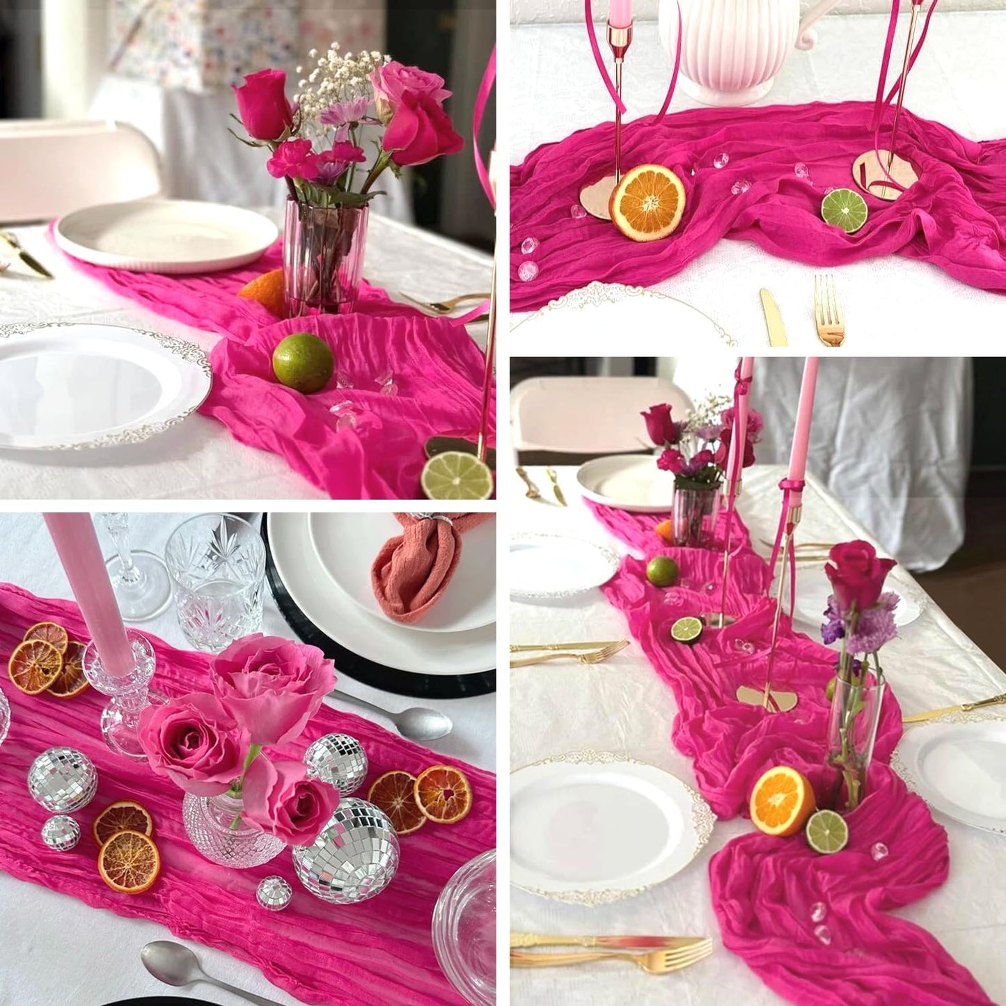 3 Pack Hot Pink Cheesecloth Table Runner Summer Sheer Fuschia Cheese Cloth Table Runner Boho Gauze 120 Inches Summer Table Decorations for Weddings Bridal Baby Shower Birthday Parties