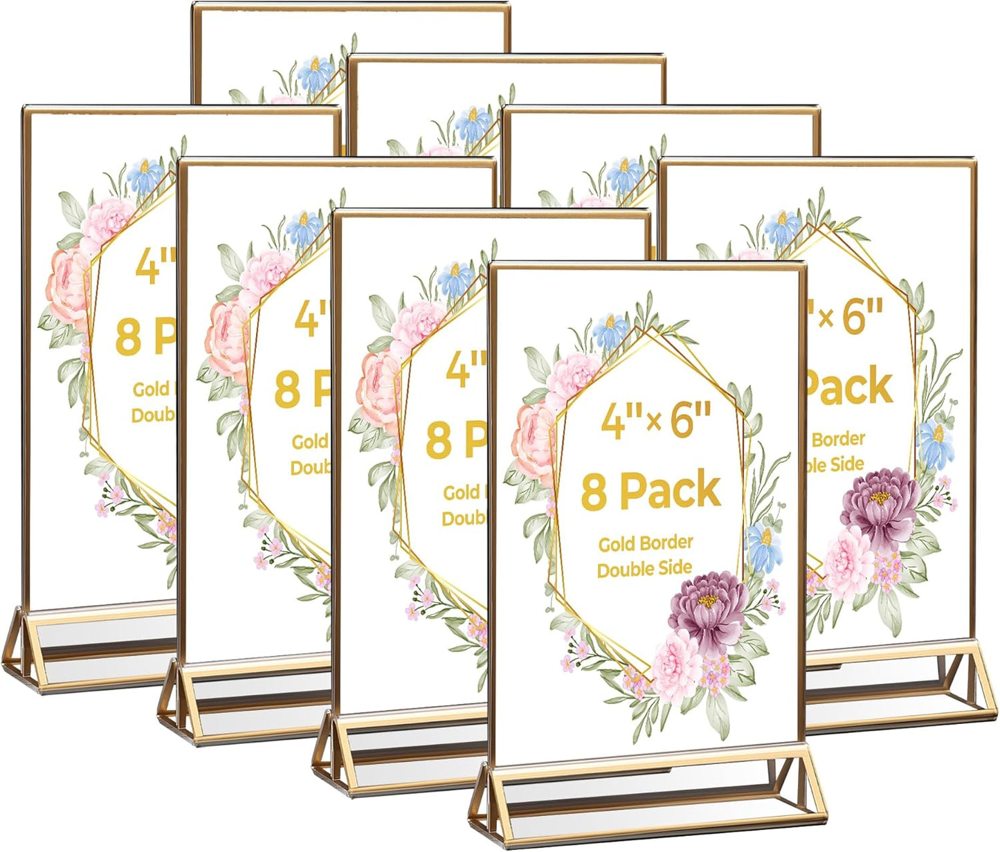 8 Pack Acrylic Sign Holder 4x6 Gold Frames, Wedding Table Number Holders Double Sided Vertical Clear Display Stand, Picture Holders for Tables, Menus, Flyers, Party and Office Decor