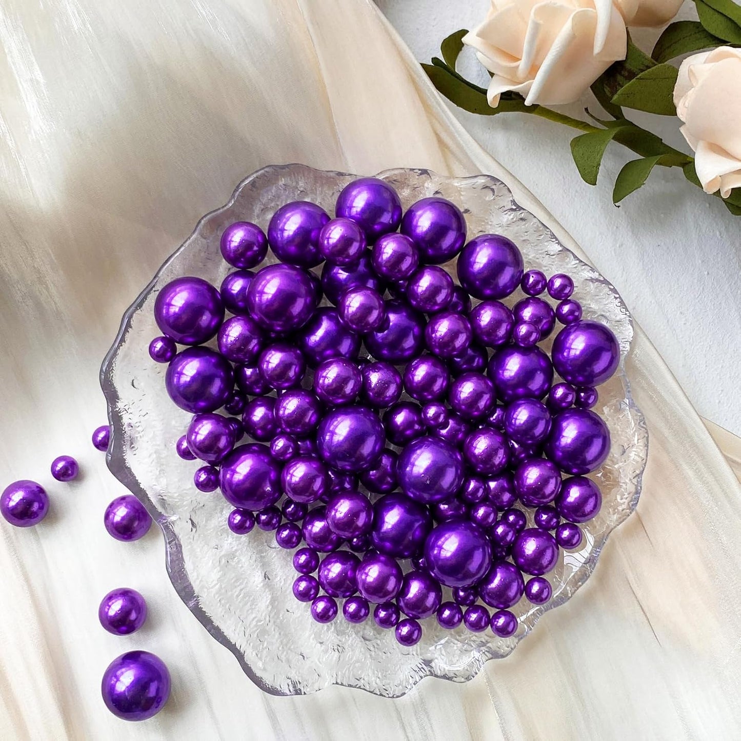 150Pcs Purple Polished No Hole Faux Pearl Beads for Vase Filling Decorations, Plastic Pearls Vase Fillers, Table Scatters, Wedding Centerpiece, Home Decor, 8/14/20 mm