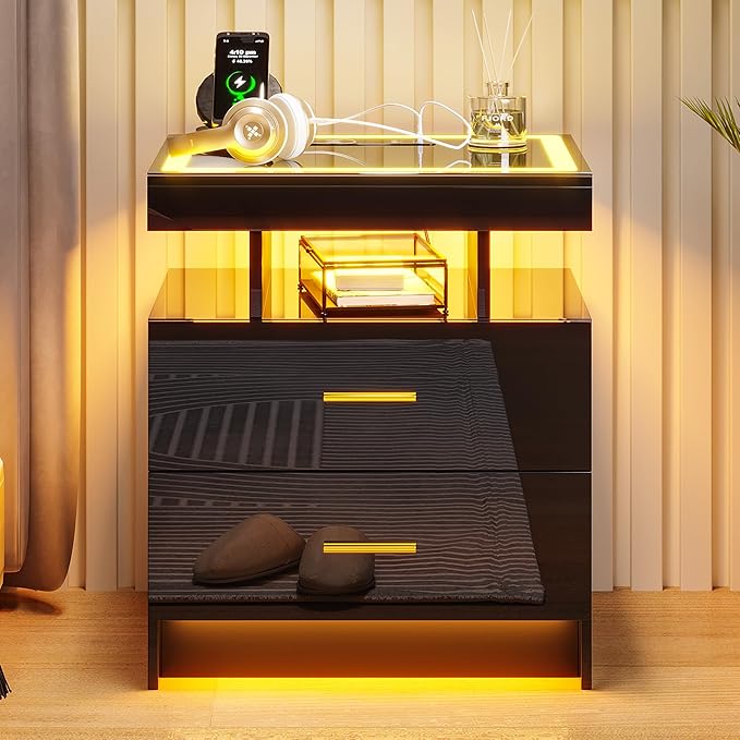HNEBC LED Nightstand with Charging Station High Gloss Bedside Table with 2 - Image 8
