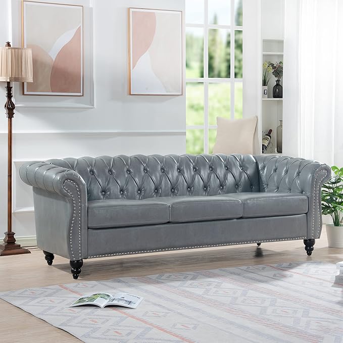 LEVNARY Chesterfield Sofa, Classic Tufted Upholstered Leather Couch, Modern 3 - Image 3