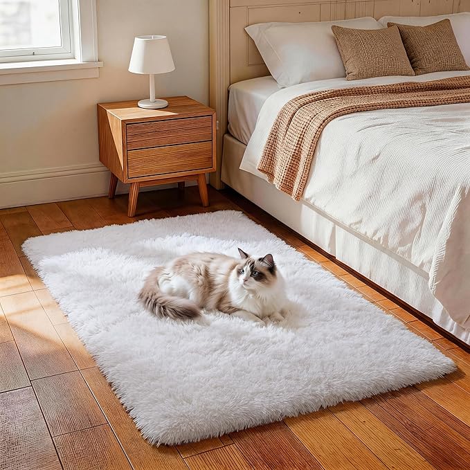 Ophanie Small Rug Washable Non Slip Throw Bedside Area Rugs, Fluffy Soft White by Ophanie
