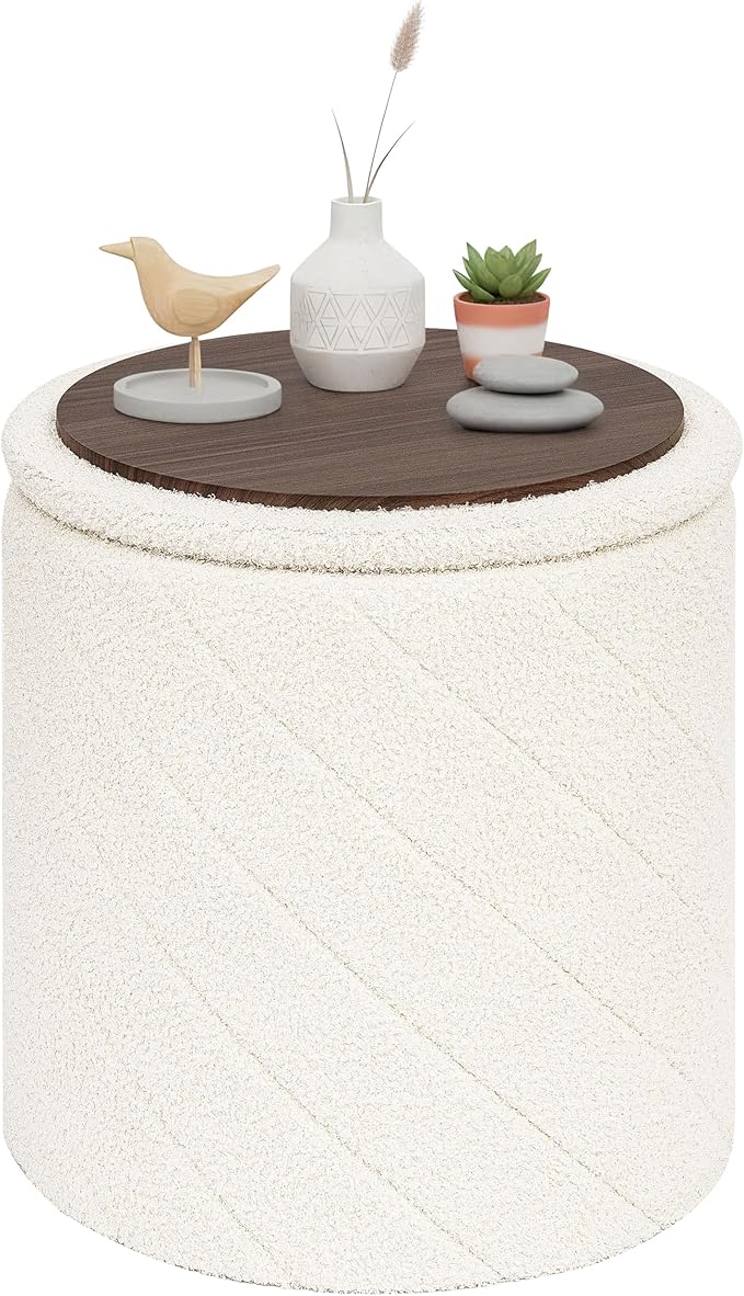 PINPLUS Ottoman with Stroage Round Boucle Ottoman and Tray Sherpa Removable by PINPLUS