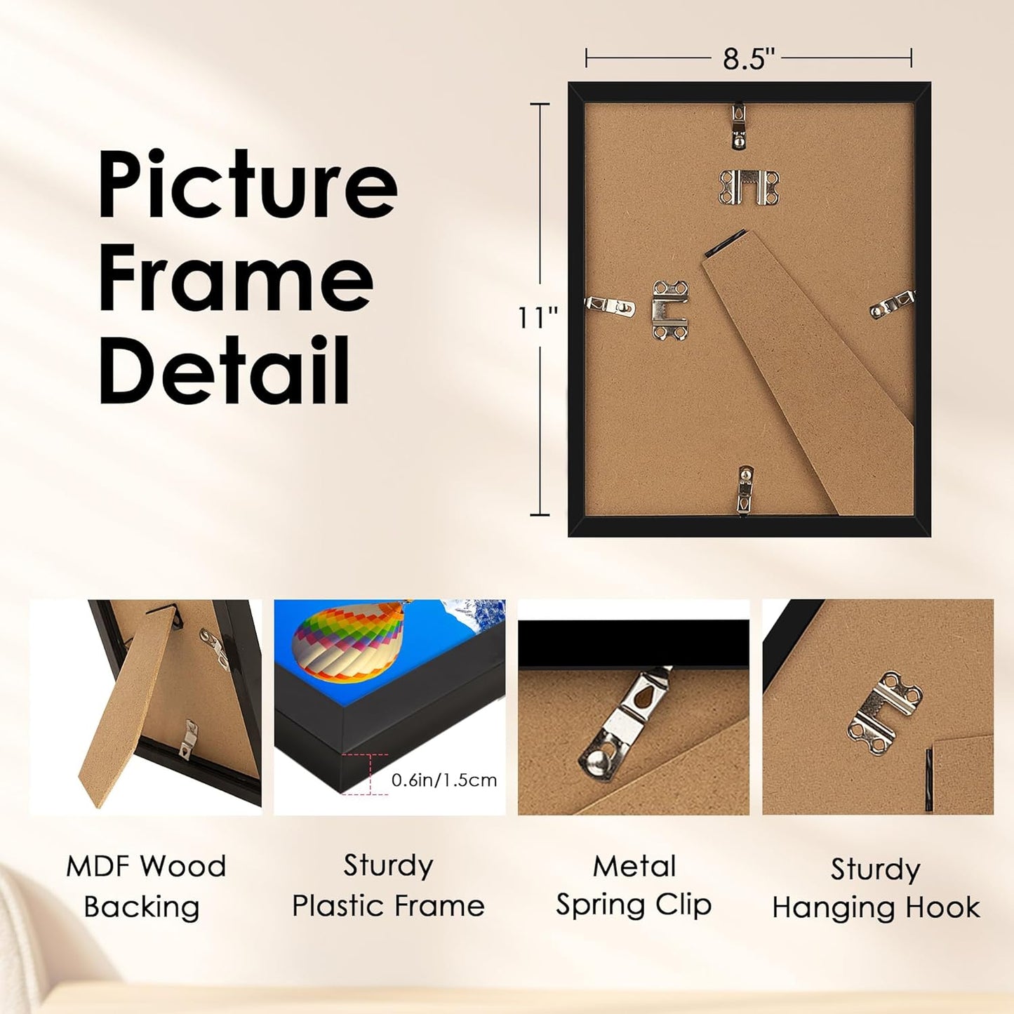 FIXSMITH 8.5x11 Picture Frame, Black Photo Frame with HD Plexiglass, Display Pictures 6x8 with Mat or 8.5x11 Without Mat, Picture Frames Collage for Tabletop or Wall Display, 1 Pack