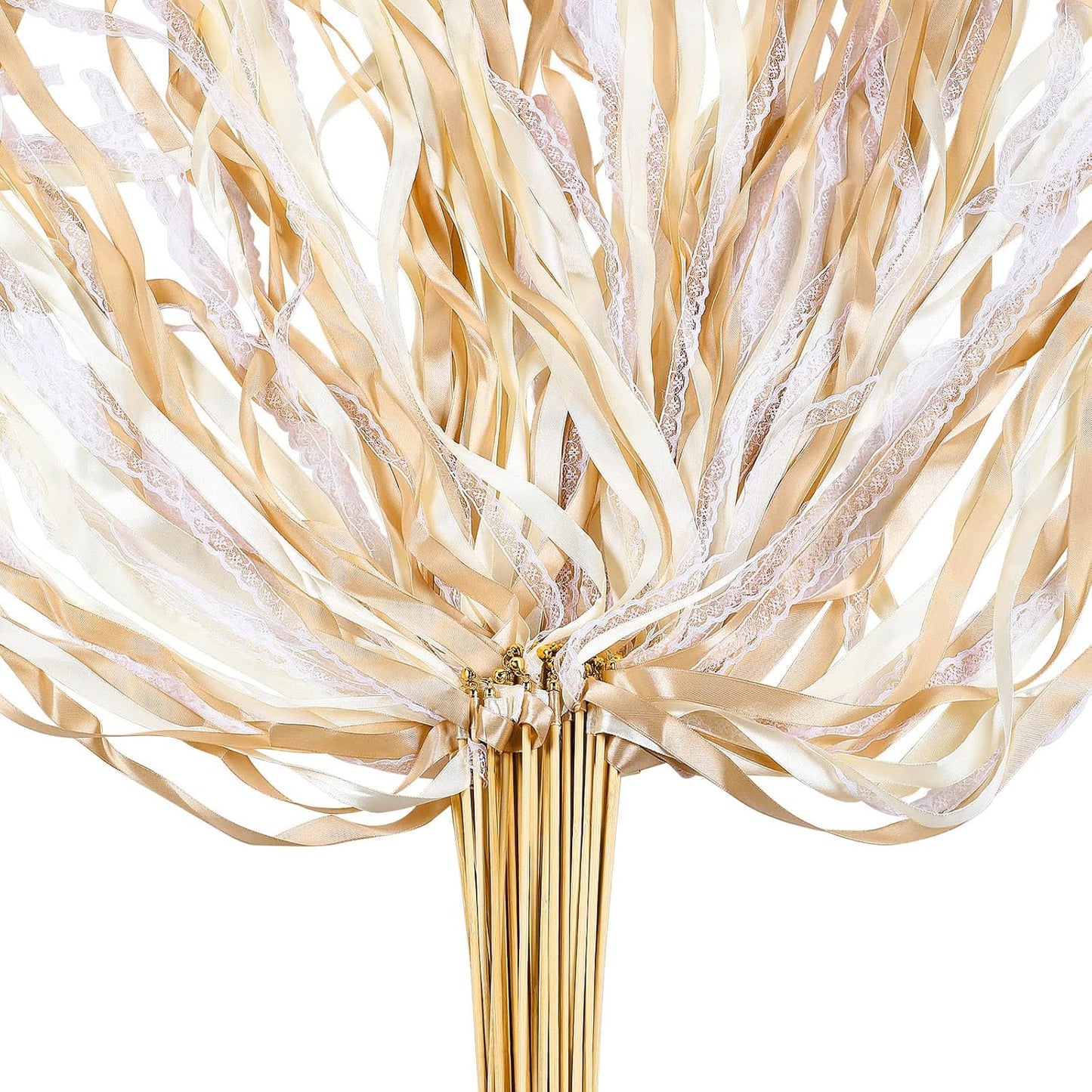 Taiyin 150 Pcs Lace Ribbon Stick Wands Wedding Wand Streamers with Bell Silk Ribbon Fairy Wand Wedding Send Off Streamer for Baby Shower Holiday Party Favors(Champagne, Beige)