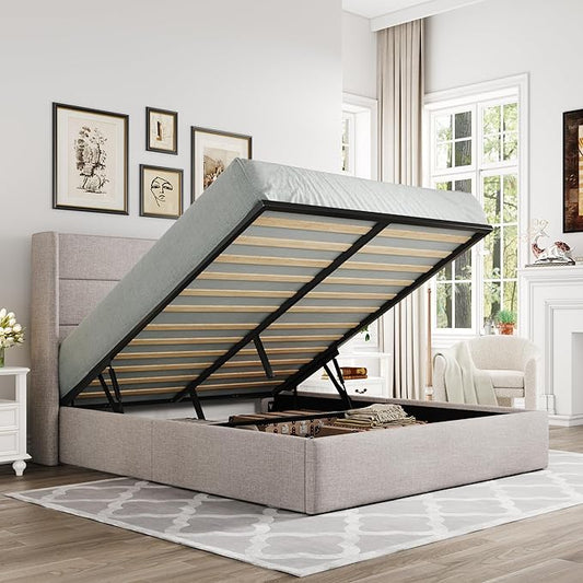 Allewie Full Size Lift Up Storage Bed, Modern Wingback Headboard, Hydraulic by Allewie