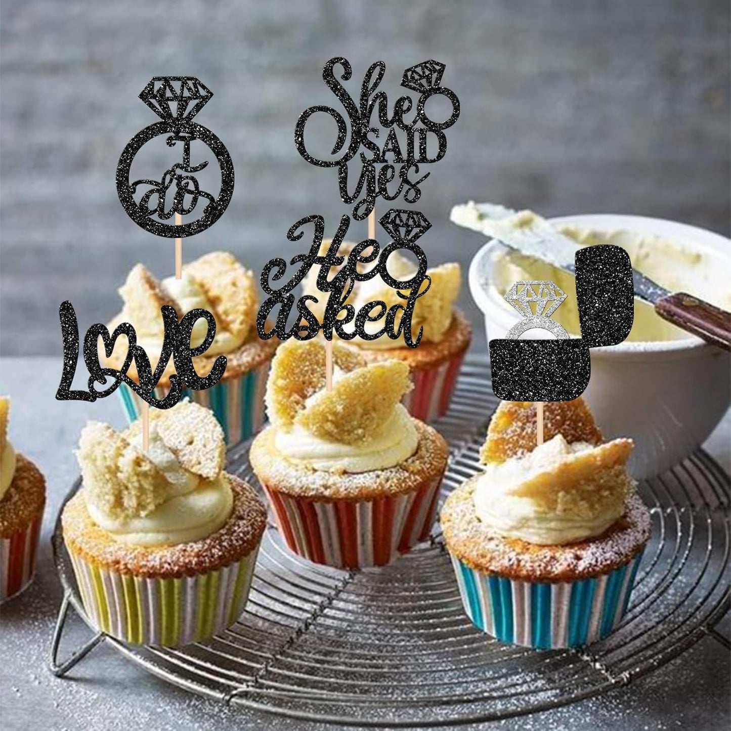 30 PCS He Asked She Said Yes Cupcake Toppers Love I Do Diamond Ring Cupcake Picks for Wedding Enaggement Bridal Shower Party Cake Decorations Supplies Black