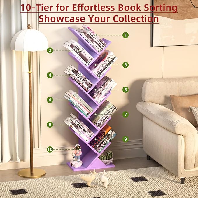 10 Tier Tree Book Shelf, Floor Standing Wood Bookshelf - Image 4
