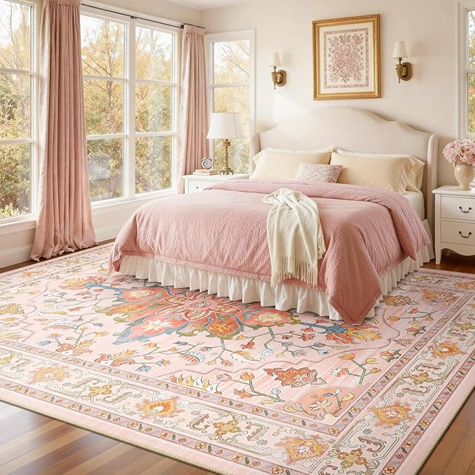 RELEANY Area Rugs 8'x10' Washable Non-Slip, Floral Vintage Distress Print by RELEANY