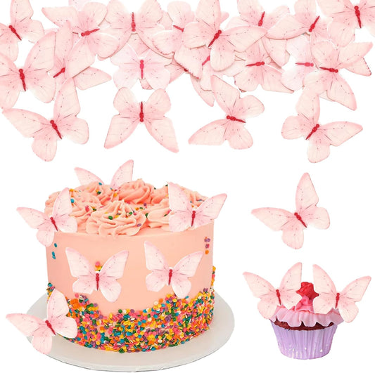 Ephlyn 48Pcs Edible Butterfly Cupcake Toppers Butterfly Cupcake Picks Edible Spring Cupcake Decorations for Spring Theme Baby Shower Kids Birthday Party Cake Supplies Pink