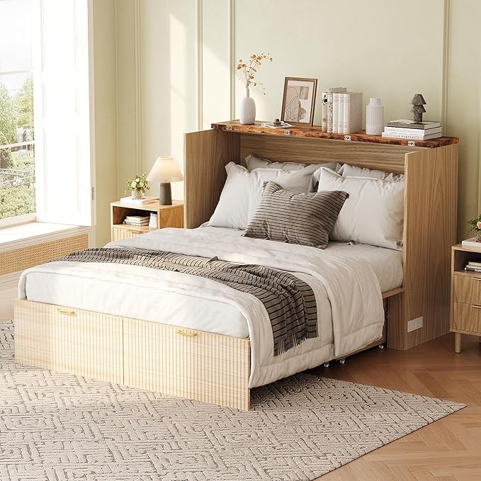 VINGLI Queen Murphy Bed with Storage Drawer, 2 Charging Station, Fluted Wooden - Image 9