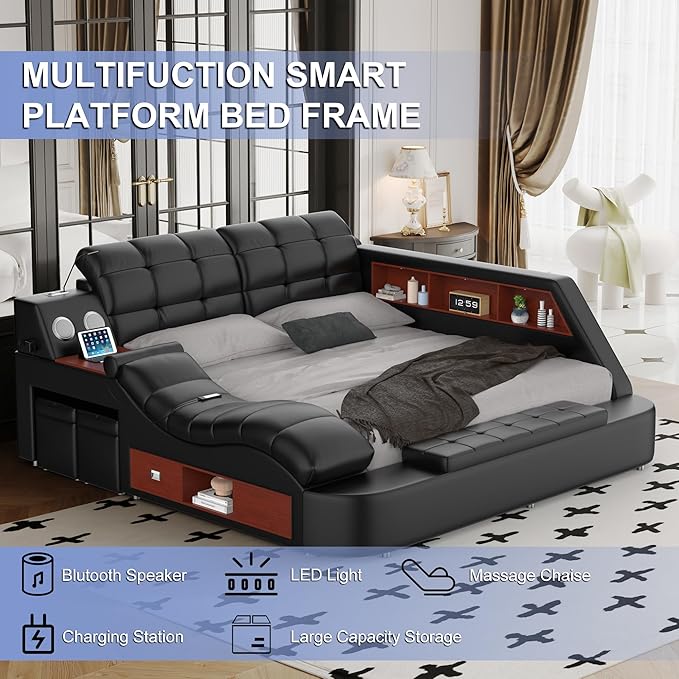 Multifunction Smart King Bed Frame, Luxury Upholstered Platform - Image 3