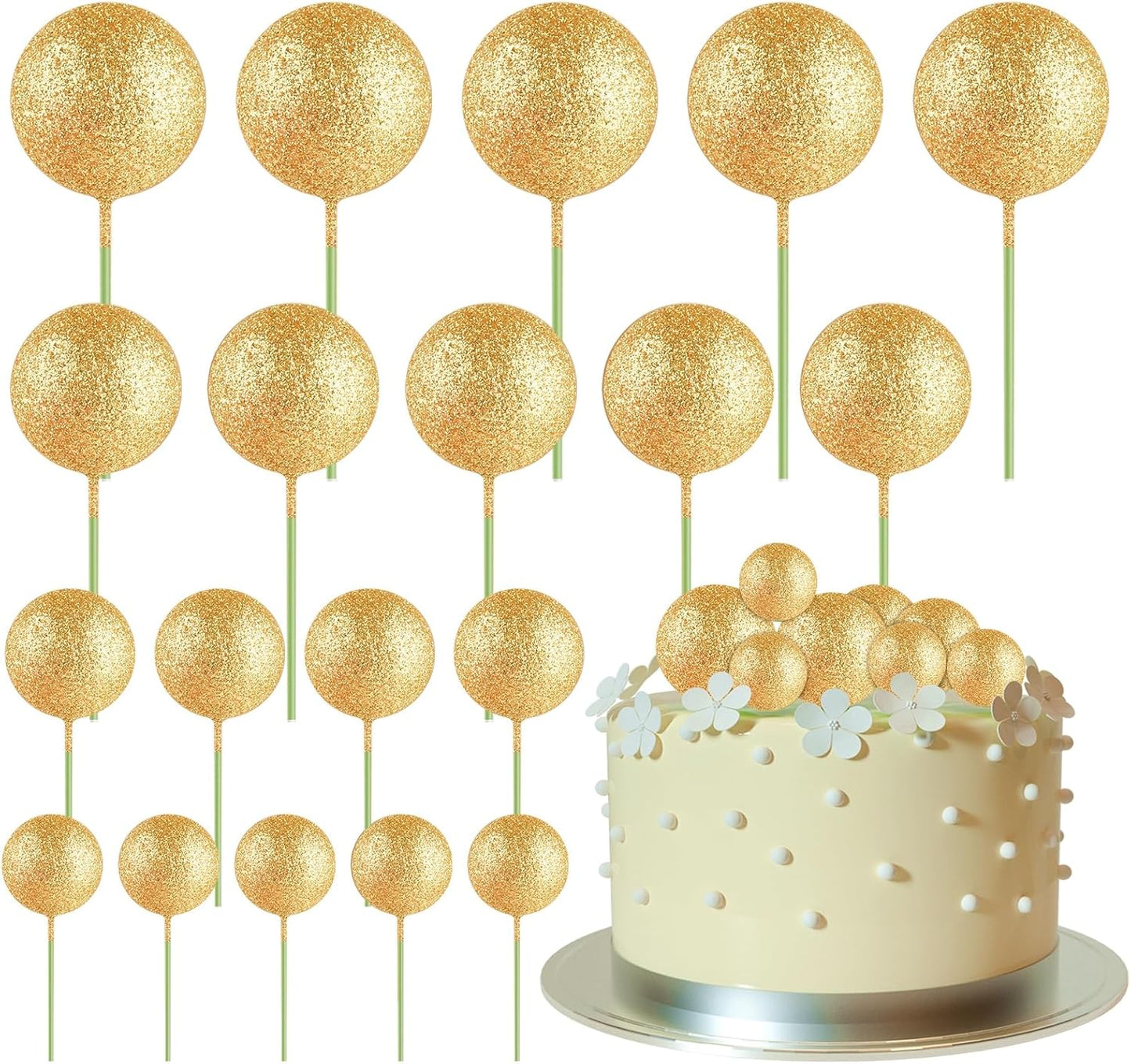 ASTARON 20 Pcs Mini Balloons Cake Topper Sticks - Glitter Gold Ball Picks for Christmas Birthday Decorations