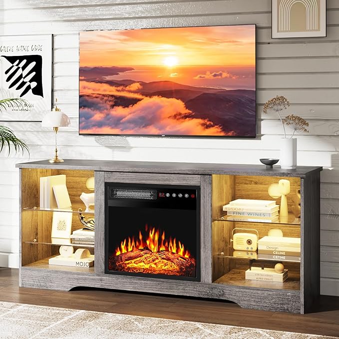 PRETZI Fireplace TV Stand with 18" Fireplace Up to 65" TVs, TV Media Console by PRETZI
