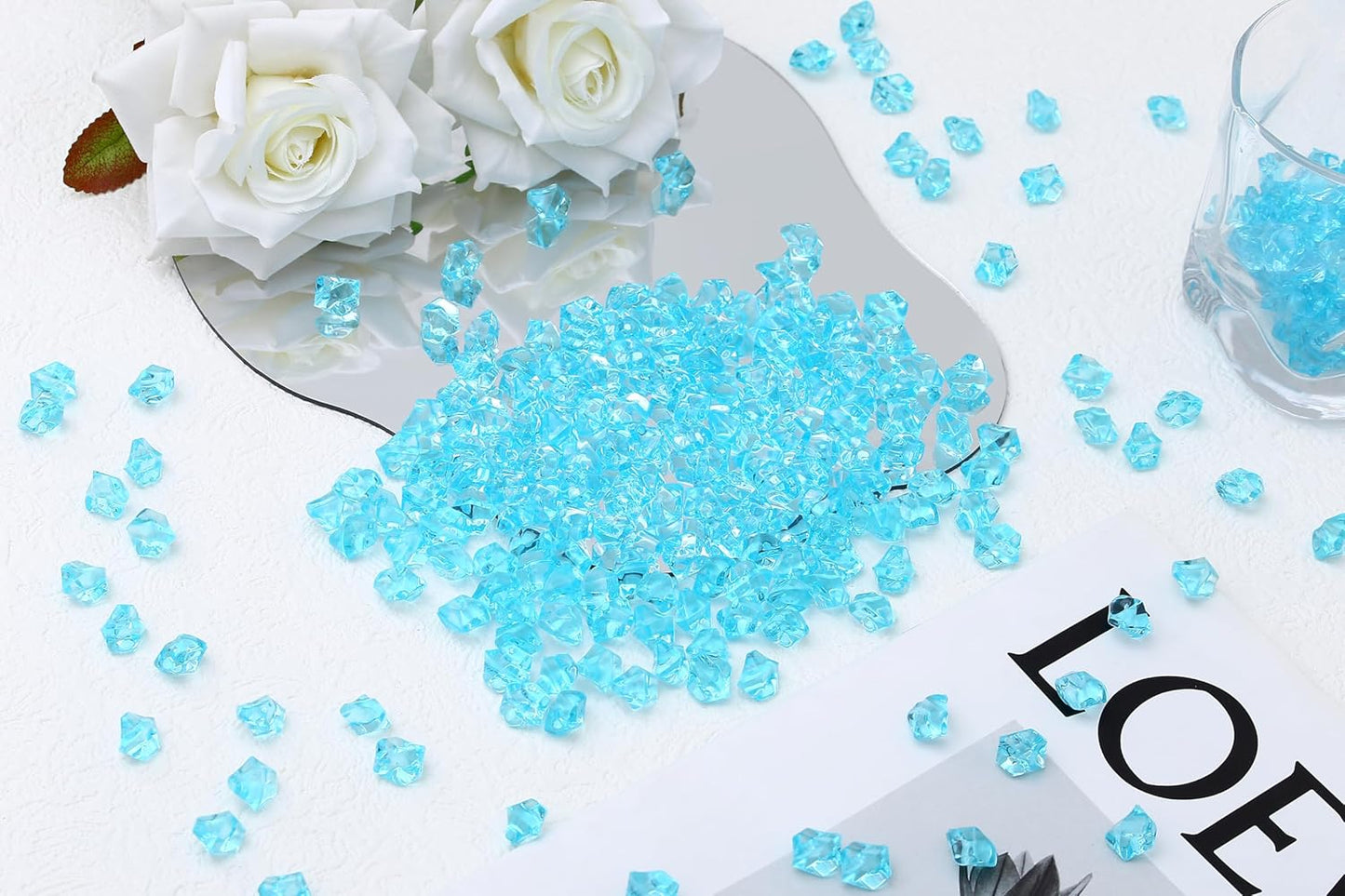 LAIDANLA 500PCS Aqua Blue Acrylic Gems Vase Fillers Fake Ice Cubes Plastic Diamonds Fake Crushed Rocks for Centerpiece DIY Party Wedding Decoration Accessories Table Scatter Prop
