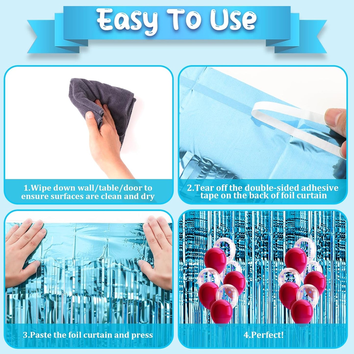 4 Pack 3.3x8.2 Feet Light Blue Foil Fringe Backdrop Curtains, Tinsel Streamers Birthday Party Decorations, Fringe Backdrop for Graduation, Baby Shower, Gender Reveal, Disco Party