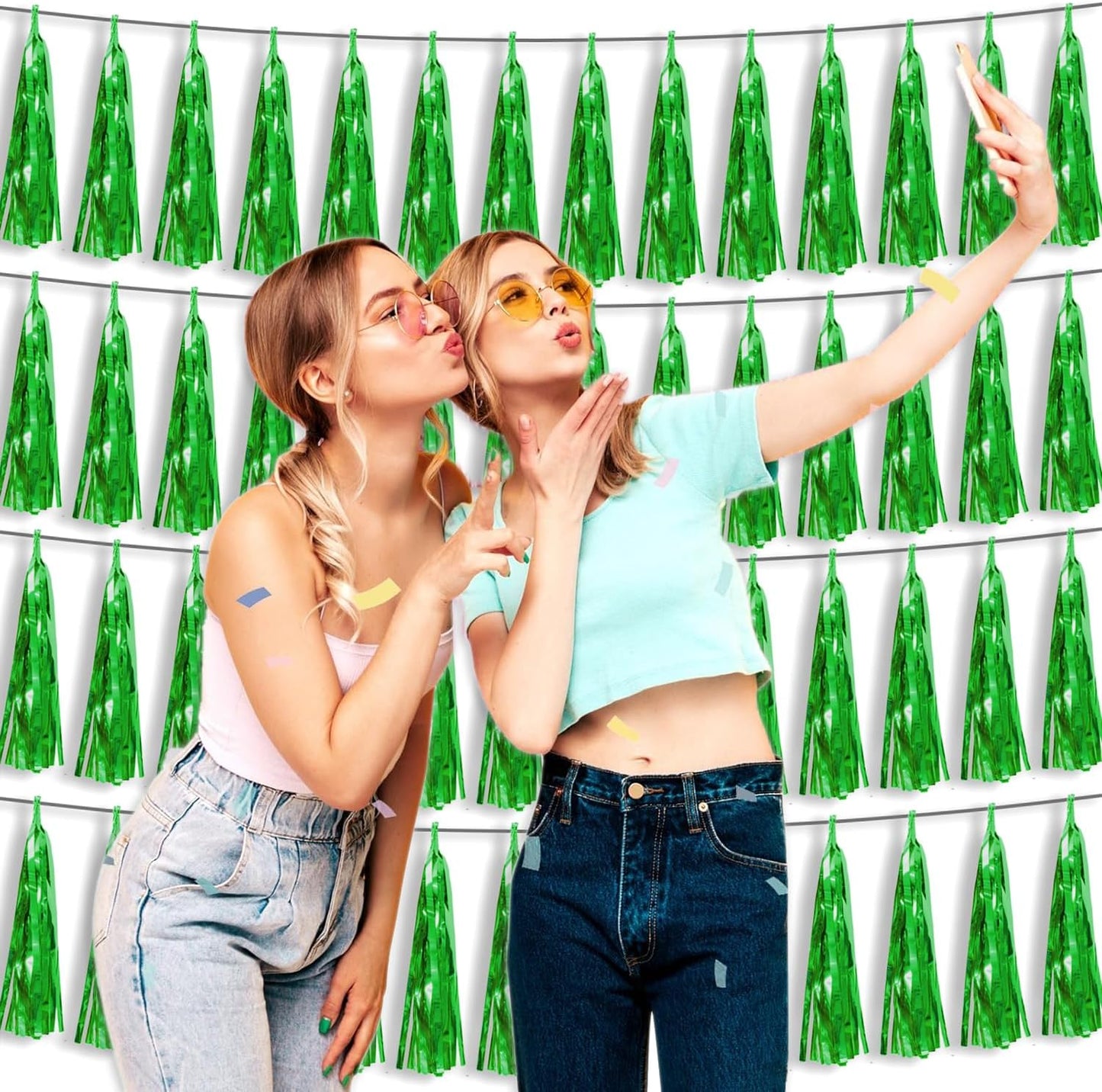 4P Green Foil Fringe Tassel Banner Garland Metallic Tinsel Streamers Wall Hanging Curtain Backdrop Banner for Parade Floats, 2024 Graduation Decorations, Father's Day Party Decoration