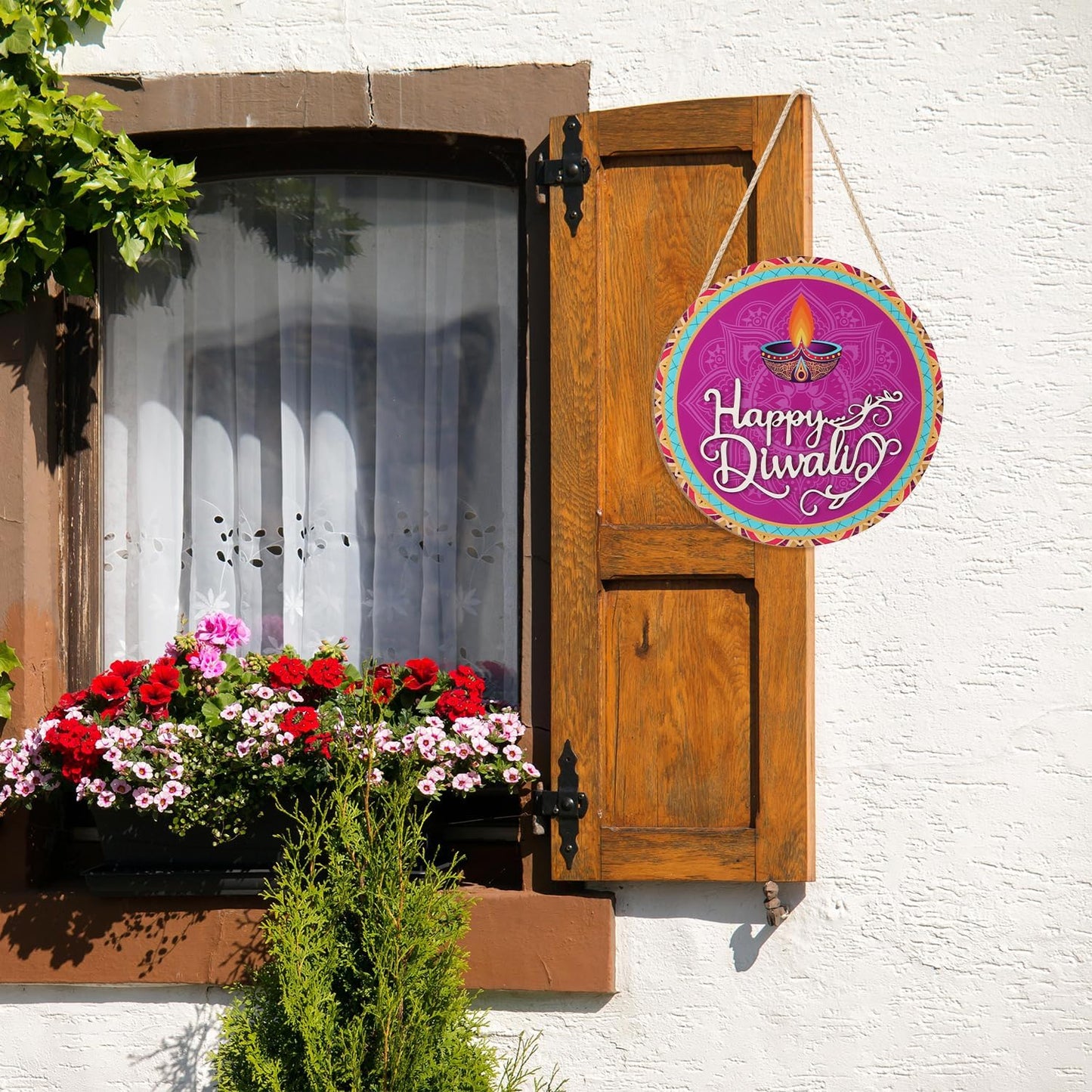 CHDITB Happy Diwali Decoration 3D Front Door Sign(12”x12”), Indian Festival of Lights Wall Hanging with Rangoli Diyas, Deepavali Themed Door Hanger for Front Door Porch Home Office Party