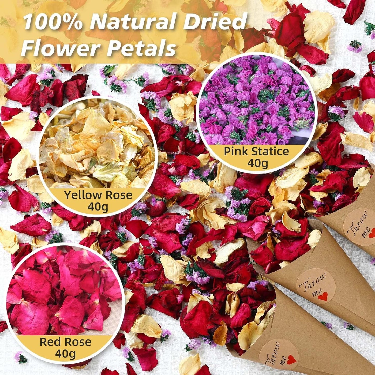 20+ Cups Real Dried Flower Petals, Biodegradable Wedding Flower Confetti, Mix Rose Petals and Purple Static Flowers for Engagement, Valentine's Day, Bath, Flower Girl Party Dinner Table Decor