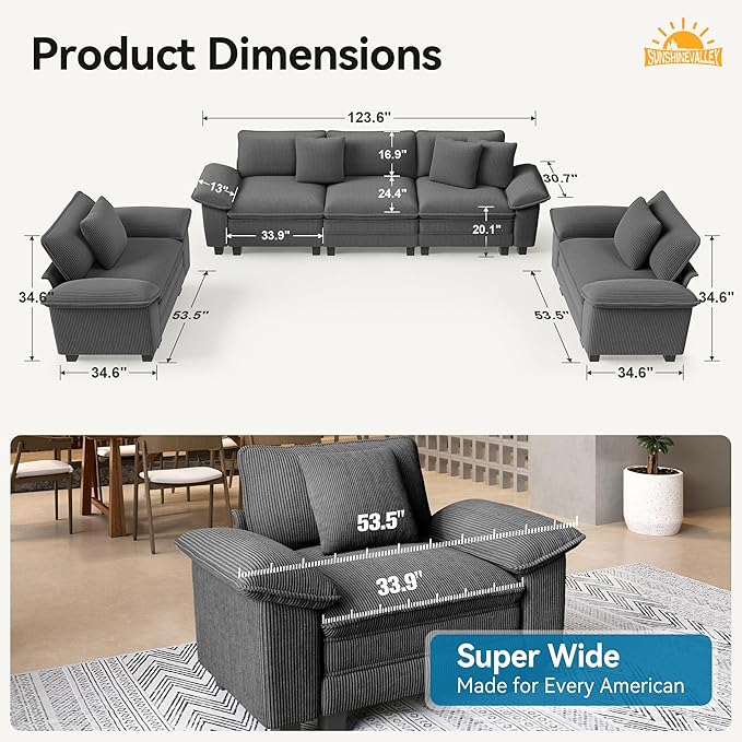 SUNSHINE VALLEY 3 Piece Living Room Sofa Furniture Set, Corduroy 2 Comfy Cloud - Image 2