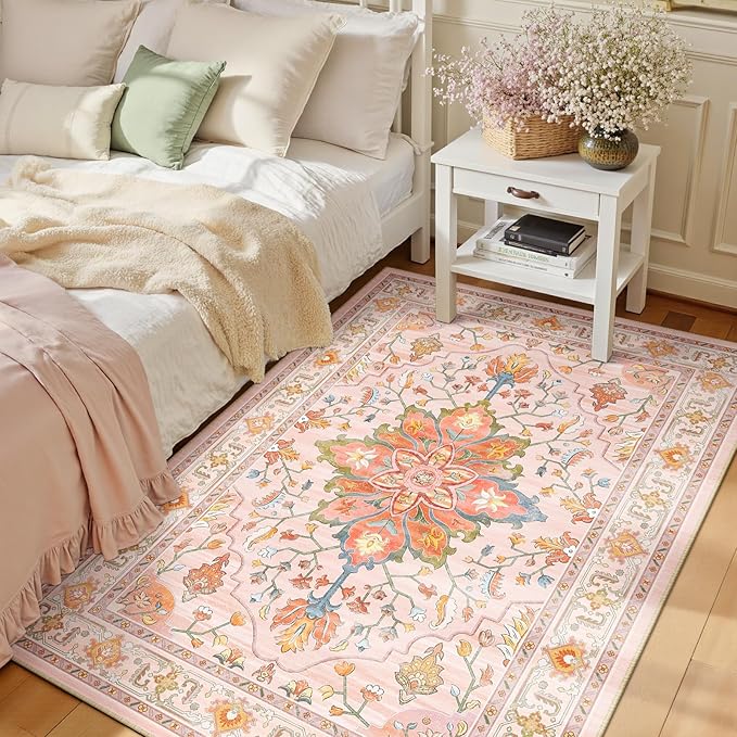 RELEANY Area Rugs 3'x5' Washable Non-Slip, Floral Vintage Distress Print by RELEANY