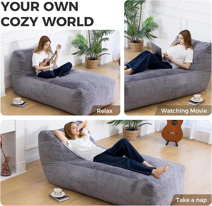 Giant Bean Bag Chair for Adults, Big Faux Fur Plush Bean Bag Lounger, Large - Image 6