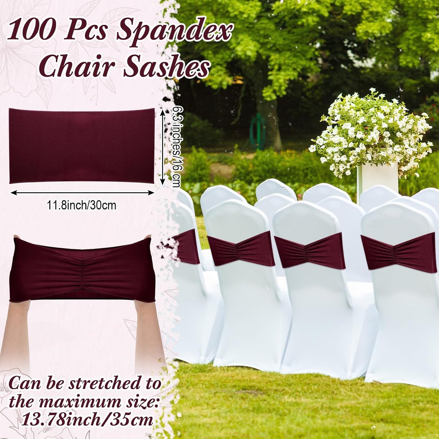 Moukeren 100 Pcs Spandex Chair Sashes Bows Bands Slider Sashes for Chair Covers Elastic Bands Ties Ribbon Decorations for Wedding Party Events Ceremony Birthday Banquet (Burgundy)