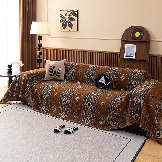 VClife Bohemian Couch Cover, Vintage Moroccan Tribal Geometric Chenille Couch - Image 3