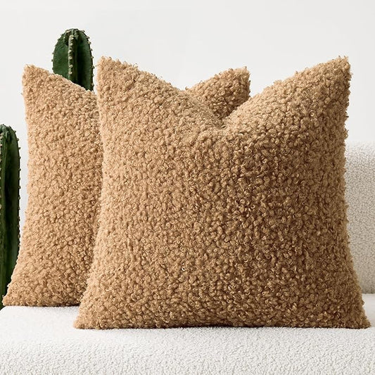 Faux Fur Throw Pillow Covers 18x18 Inch Set of 2 Boucle Neutral Decorative by Woaboy