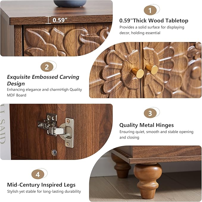 weselon Accent Cabinet Set of 2, Farmhouse Carved Storage Sideboard Buffet - Image 5