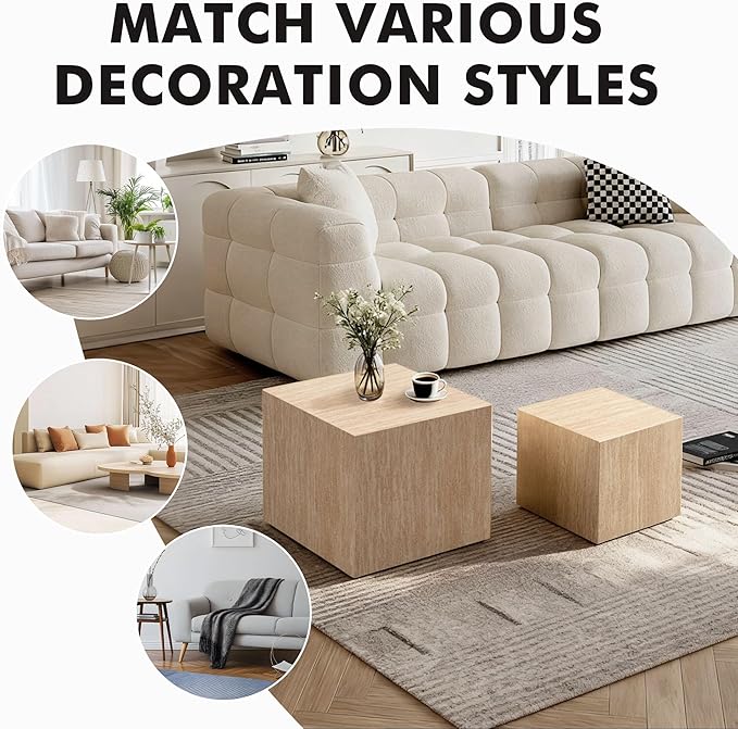 Square Nesting Tables for Living Room, Wood Travertine Veneer Nesting Coffee - Image 7