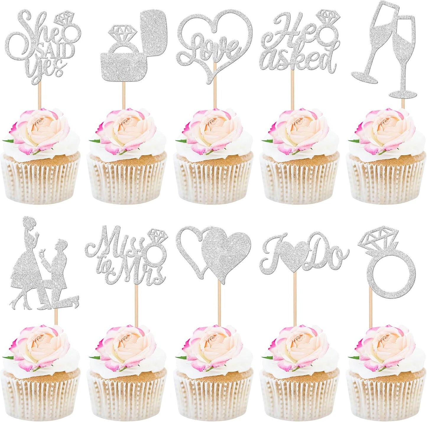 30 PCS He Asked She Said Yes Cupcake Toppers Engagement Cupcake Toppers Miss to Mrs I Do Love Heart Ring Miss to Mrs Cupcake Picks for Wedding Engagement Party Cake Decorations Supplies Silver