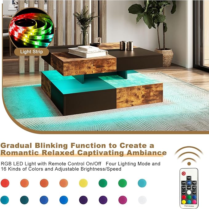 HedoAjim LED Coffee Table for Living Room, Living Room Table 2-Tier Square - Image 4