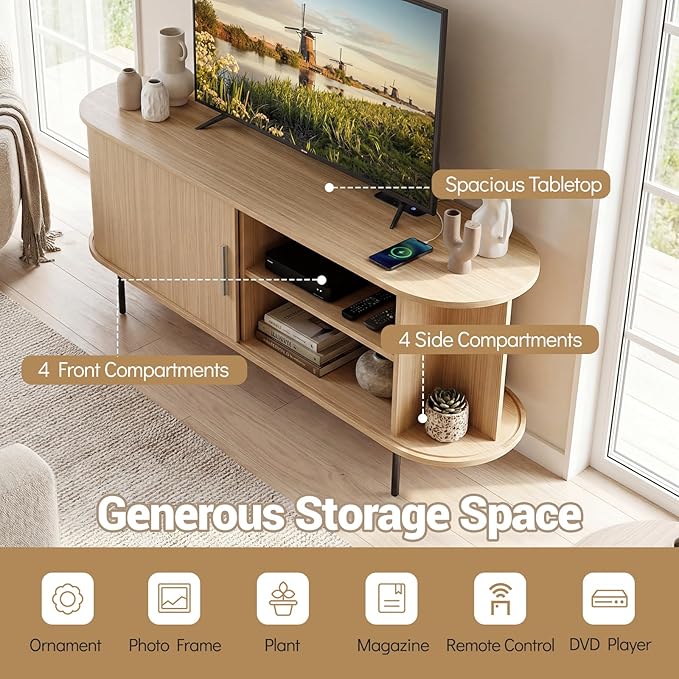 Tangkula Fluted TV Stand for TVs up to 60”, Mid Century Curved Entertainment - Image 9