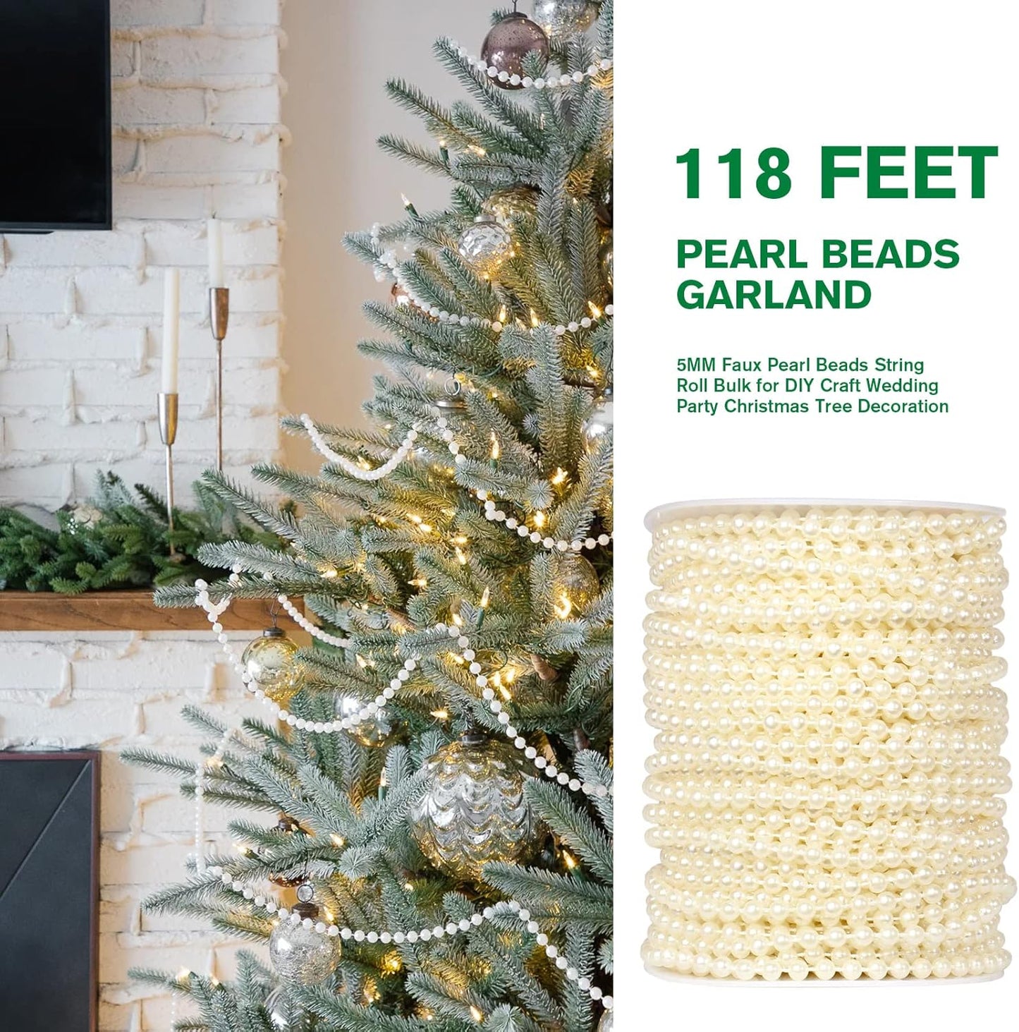 [118Feet] Pearl Beads Garland, 5MM 39Yards Faux Pearl Beads String Roll Bulk for DIY Craft Wedding Party Christmas Tree Decoration