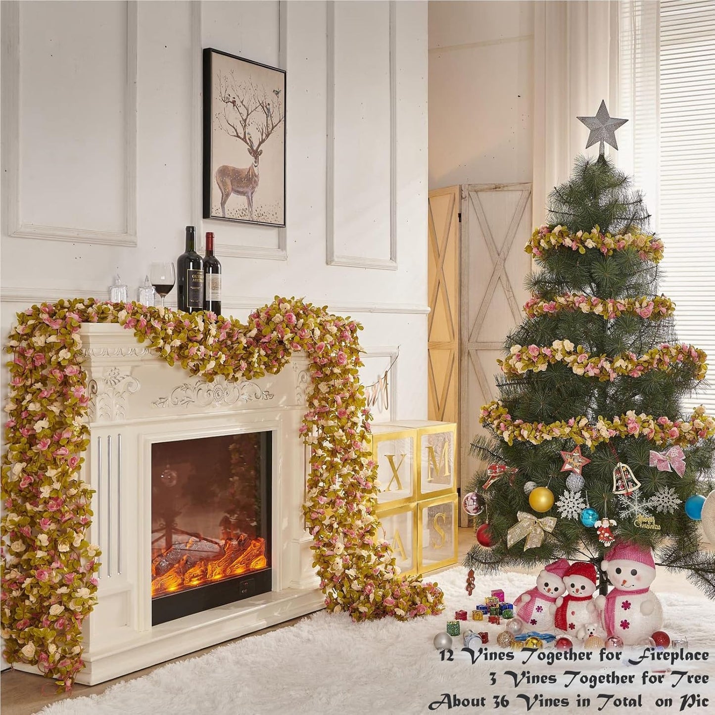 6 Pcs x 8.2 ft Flower Garland Artificial Rose Vine Flowers with Green Leaves Hanging Fake Roses Vine for Room Party Home Wedding Birthday Christmas Wall Arch Decor, Pink Champagne Flower