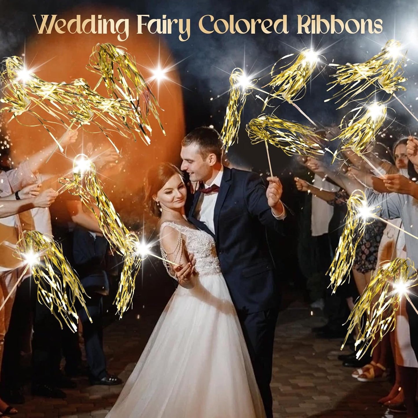 100 pcs Wedding Wands Light up with LED Tinsel Wedding Streamers for Wedding Send off and Greeting Ideal Props for Weddings, Birthday Parties, Christmas Cheerleading Games (Gold)