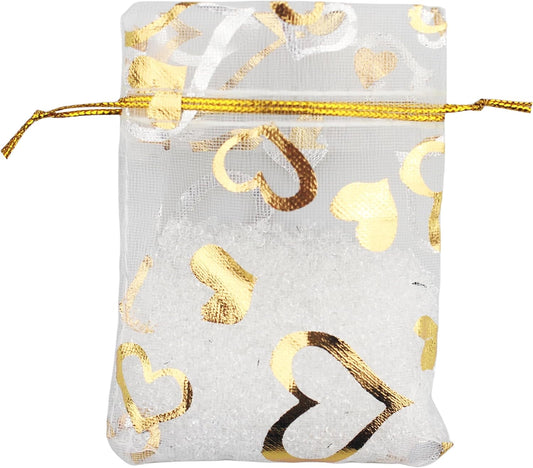 QIANHAILIZZ 100 Pack 2.8 x 3.5 Inch Flower Heart Organza Jewelry Gift Pouch Candy Pouch Drawstring Wedding Favor Bags B511S (white gold heart)
