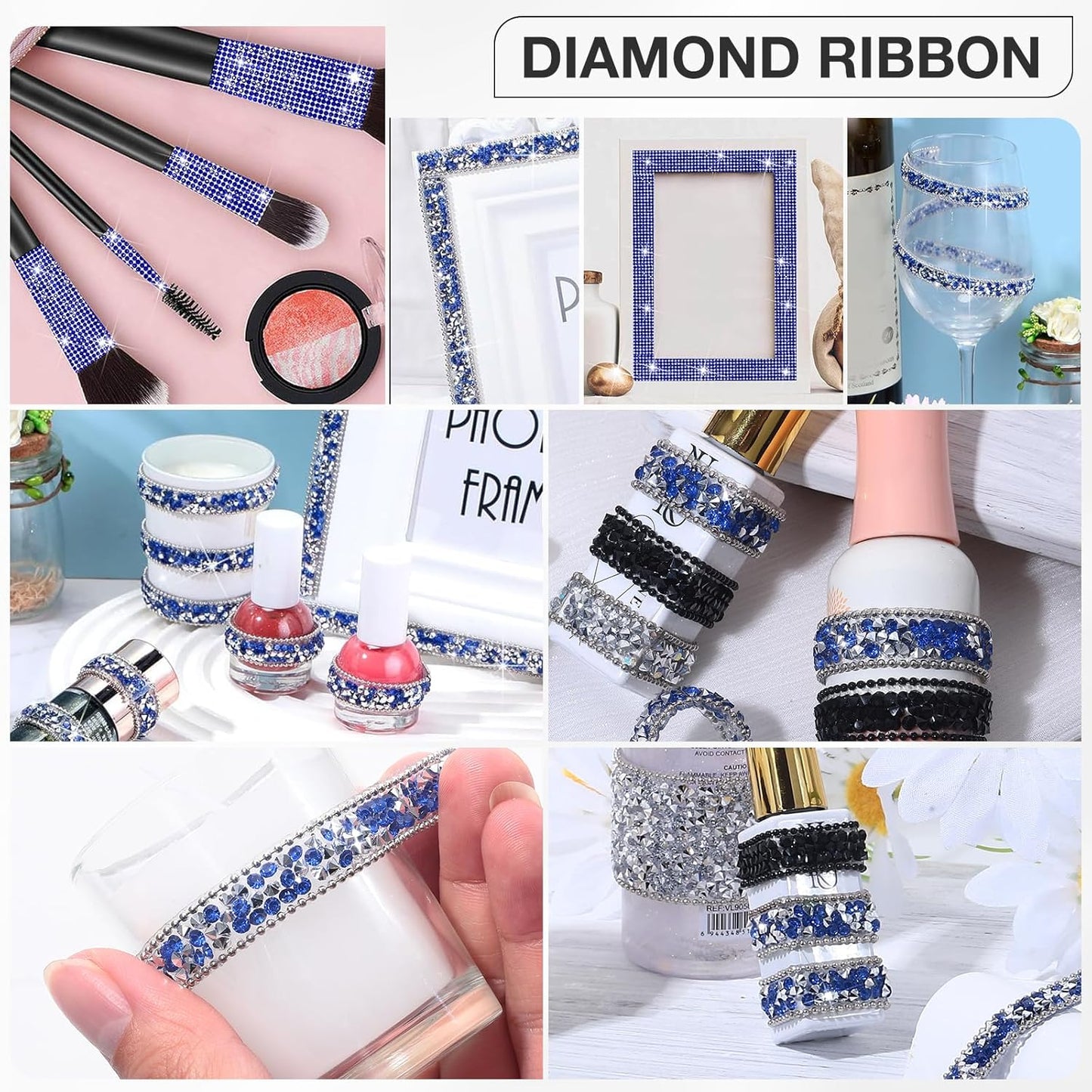 Self Adhesive Rhinestone Ribbon Diamond Ribbon Sticker Crystal Roll Glitter Bling Rhinestones Tape for Crafting DIY Art Decoration (Silver and Blue, 0.4 Inches*3 Yards)