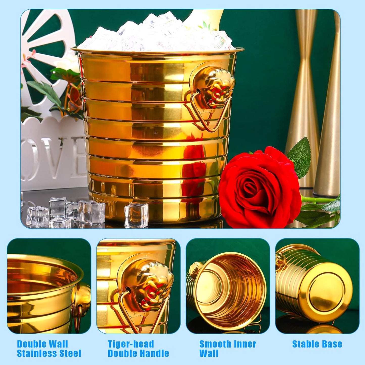 Pinkunn 6 Pack Stainless Steel Champagne Bucket 3 Qt Metal Ice Bucket Double Wall Wine Bucket with Handles Party Beverage Chiller for Champagne Beer Cocktail Wine Drinks Home Bar Accessories(Gold)