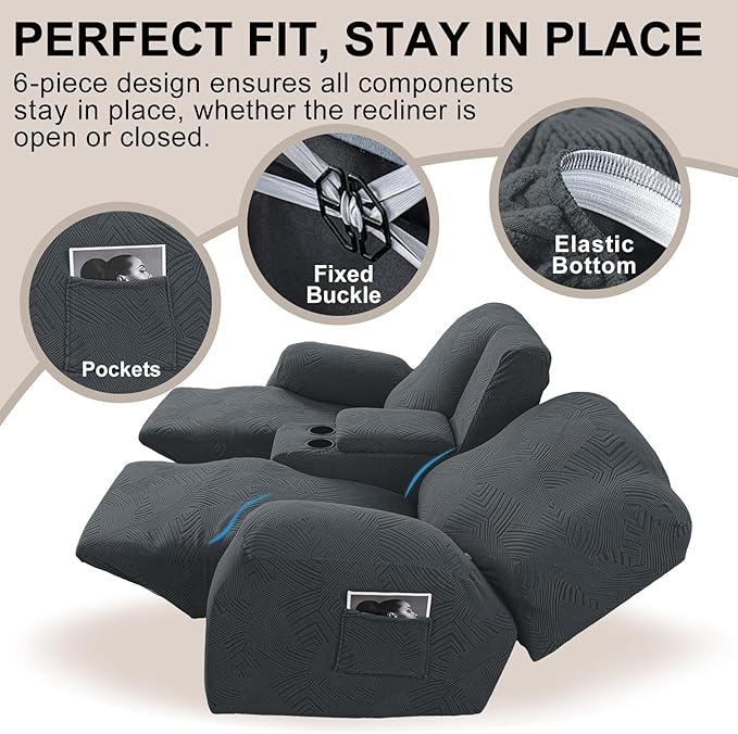 Recliner Loveseat Covers with Console, 6-Piece Stretch Geometric Strokes - Image 4