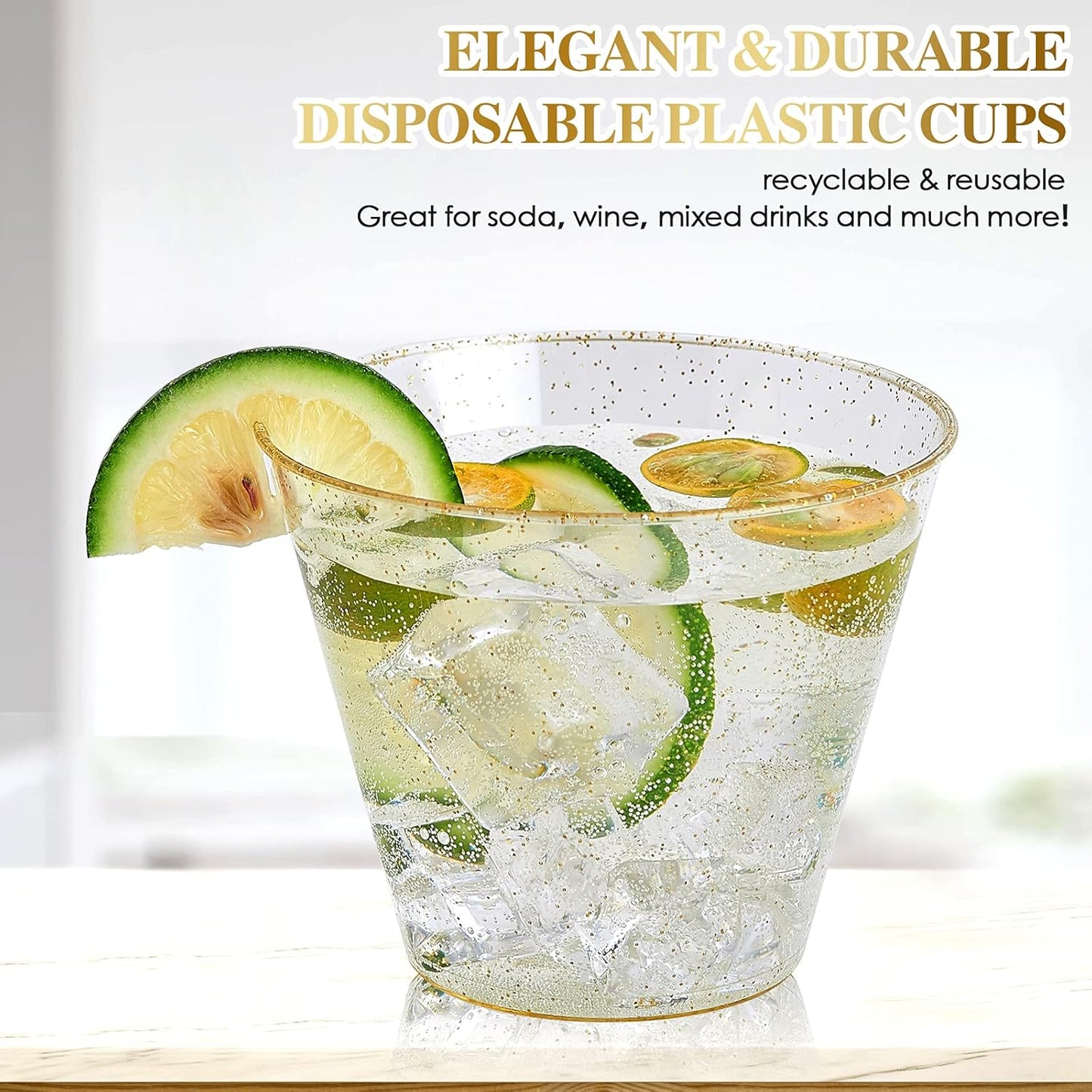 FOCUSLINE 9 oz Gold Plastic Cups, Disposable Clear Fancy Hard Plastic Cups, Gold Glitter, Heavy Duty, Reusable,100 Count