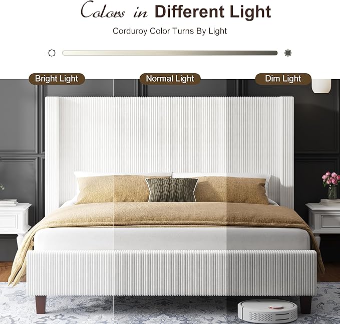 HOWE King Size Bed Frame with 50.8" Tall Wingback Headboard, Modern Corduroy - Image 7
